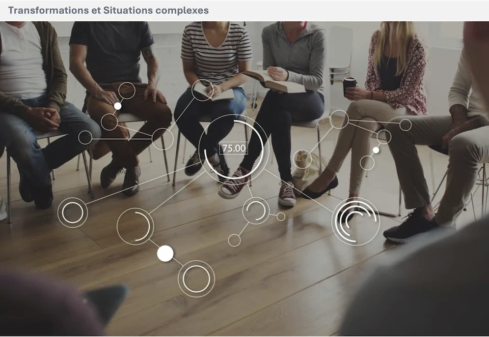 Un groupe de personnes réunies en cercle, avec des connexions graphiques évoquant les interactions collectives au cœur d’une transformation.