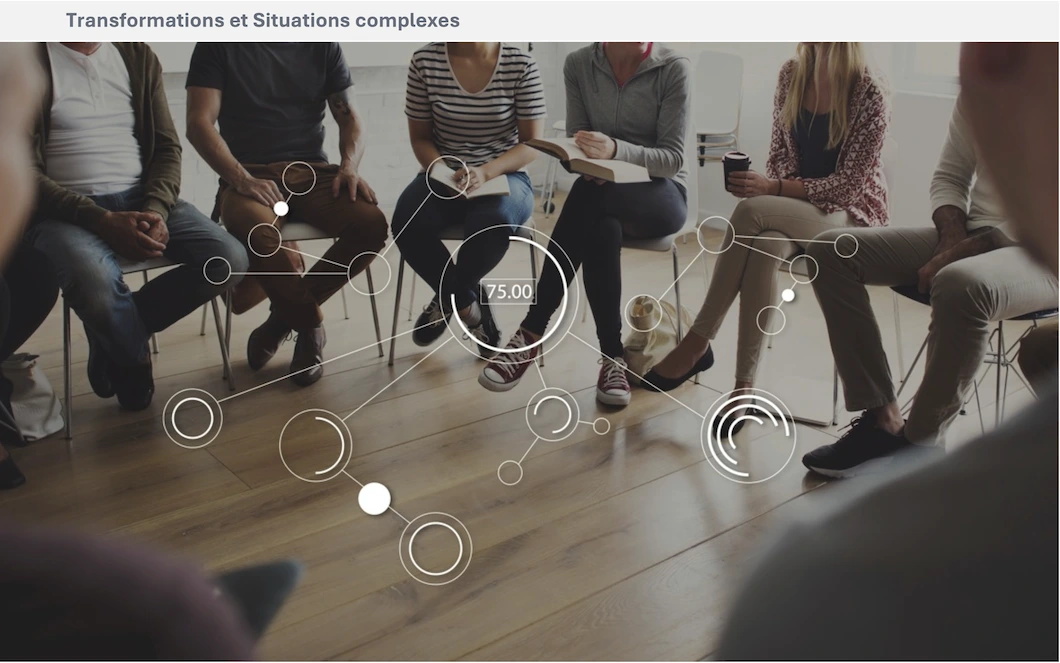Un groupe de personnes réunies en cercle, avec des connexions graphiques évoquant les interactions collectives au cœur d’une transformation.